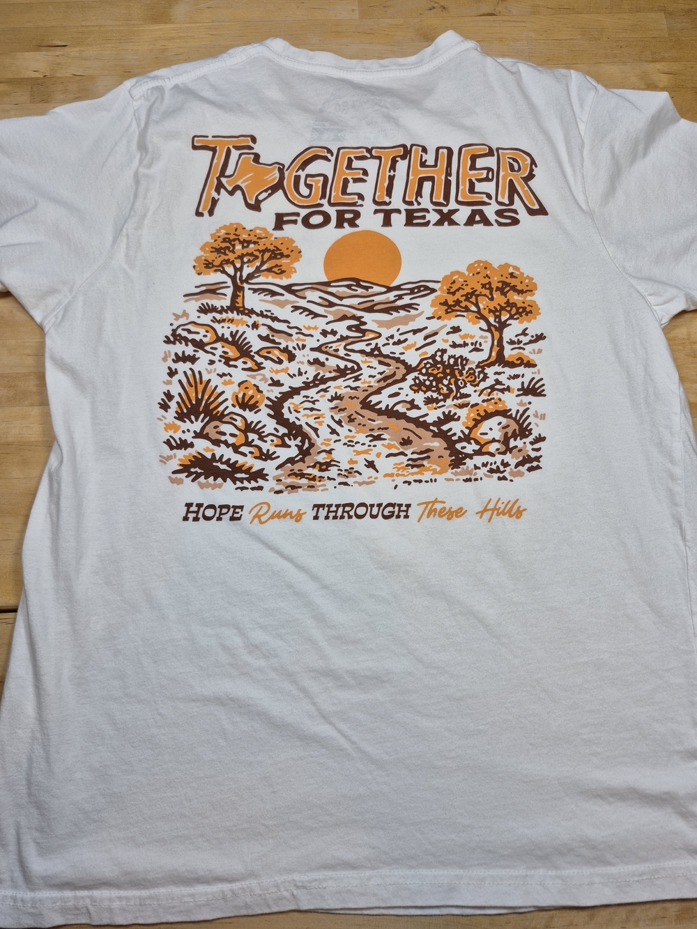 Together For Texas White Graphic Tee with Orange Sunset Print